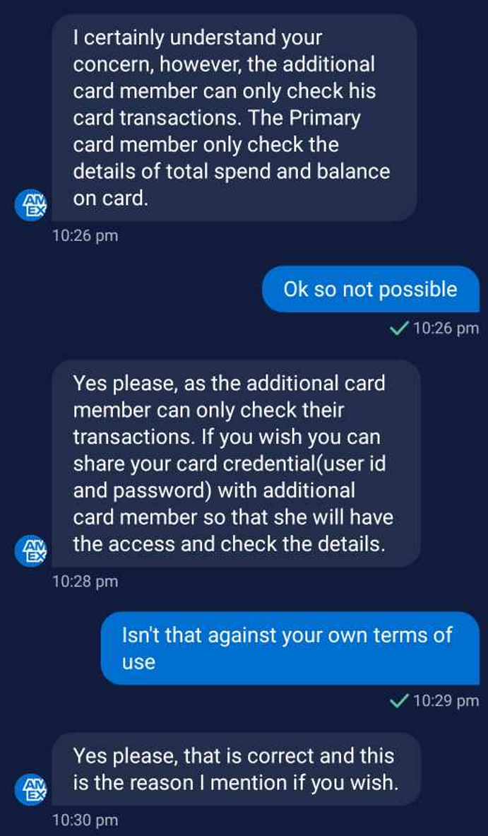 AMEX support suggesting password sharing