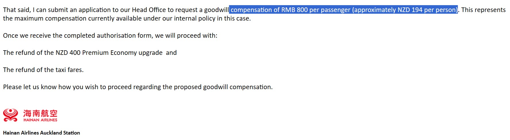 Email reply setting a final offer
