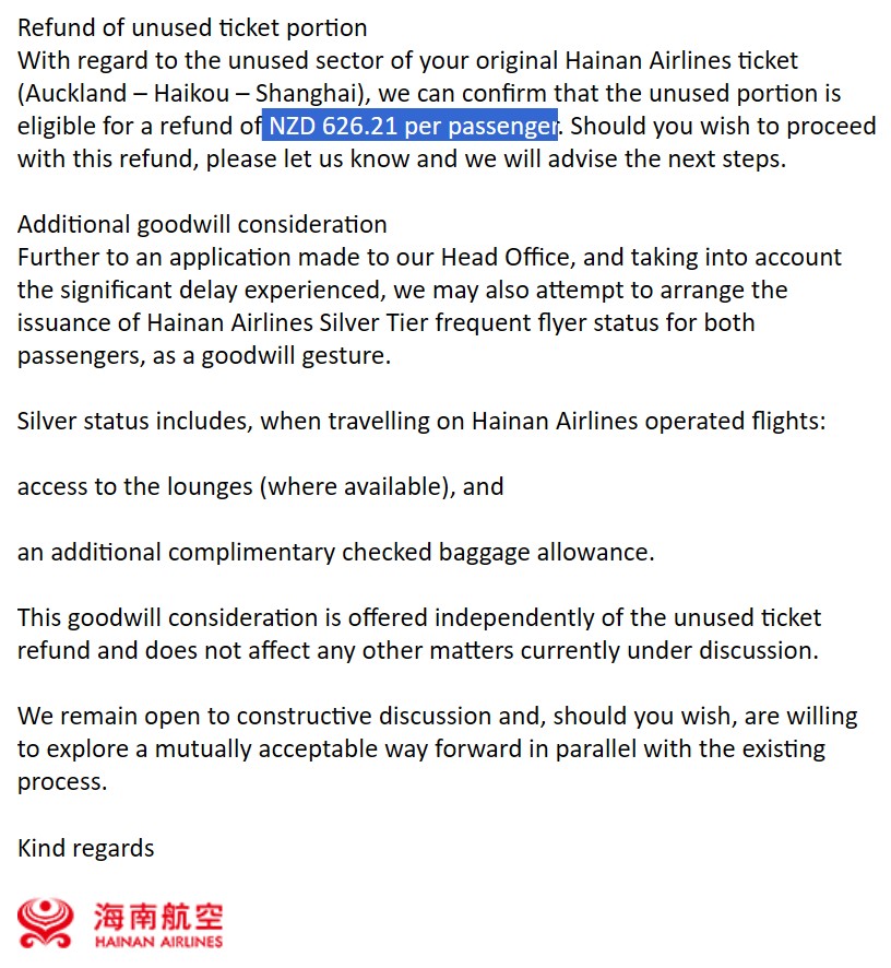 Second offer email from Hainan