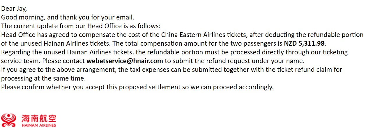 Final email from Hainan with full refund