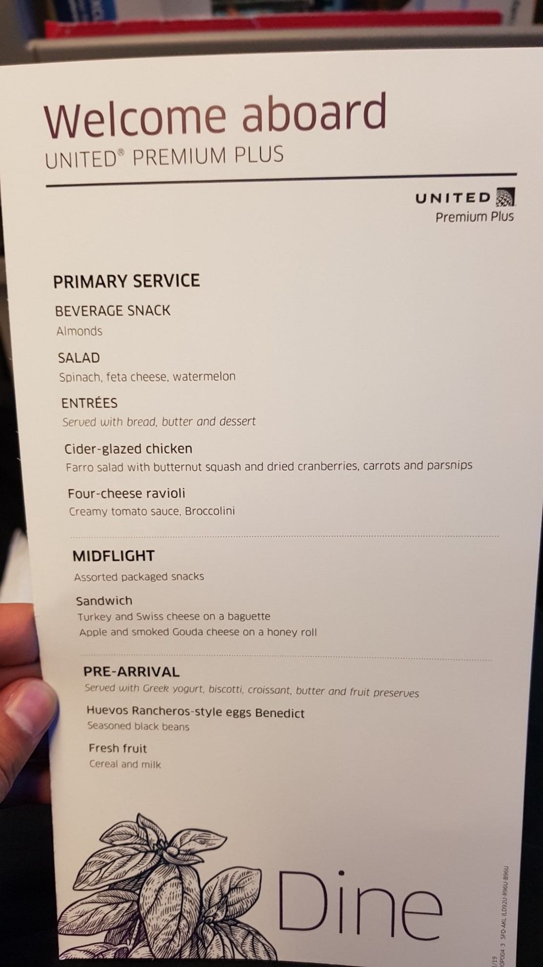 United Airlines dinner menu card